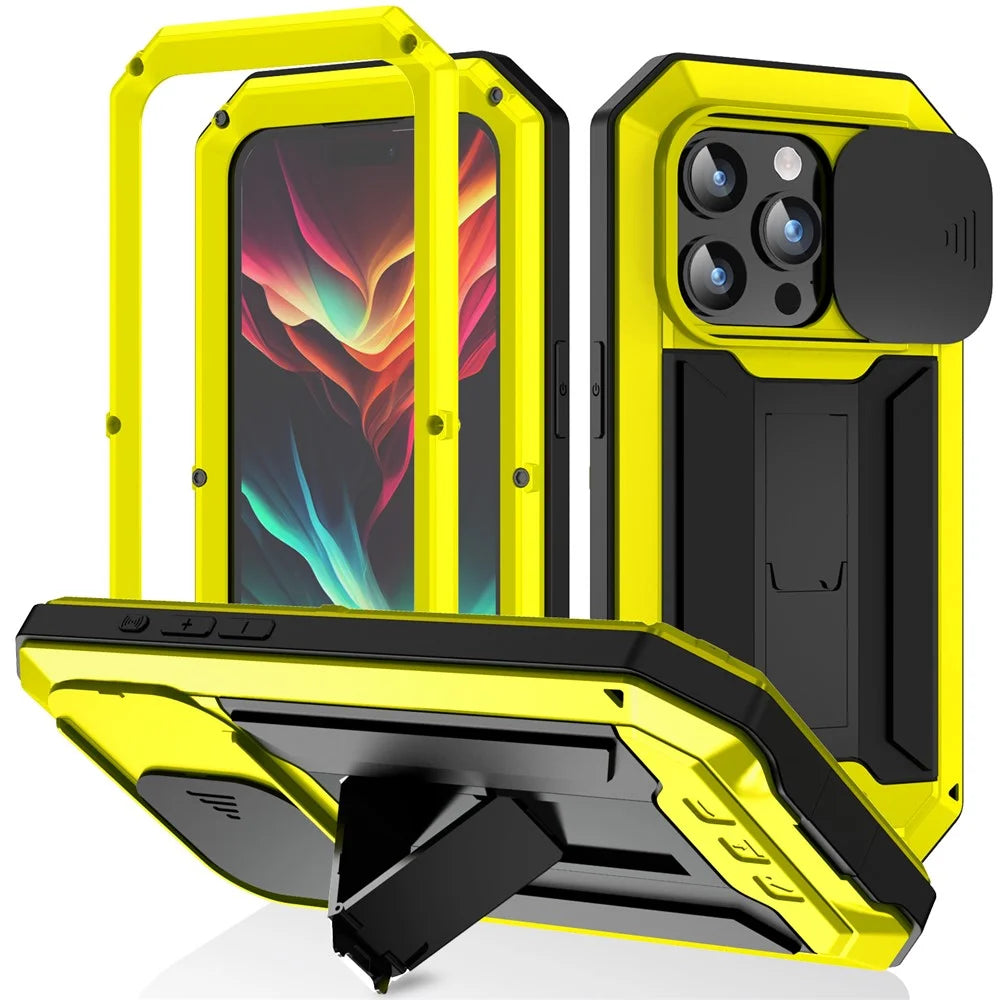 R-JUST For iPhone 15 Pro Max Slide Camera Guard Silicone+Metal+Plastic Kickstand Case Tempered Glass Screen Film Phone Cover - Yellow - 1