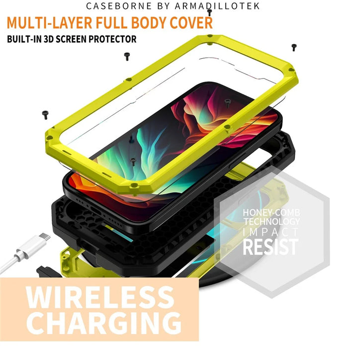 R-JUST For iPhone 15 Pro Max Slide Camera Guard Silicone+Metal+Plastic Kickstand Case Tempered Glass Screen Film Phone Cover - Yellow - 2