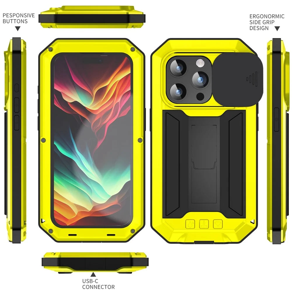R-JUST For iPhone 15 Pro Max Slide Camera Guard Silicone+Metal+Plastic Kickstand Case Tempered Glass Screen Film Phone Cover - Yellow - 7
