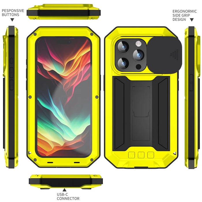 R-JUST For iPhone 15 Pro Max Slide Camera Guard Silicone+Metal+Plastic Kickstand Case Tempered Glass Screen Film Phone Cover - Yellow - 7