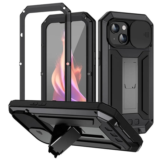 R-JUST For iPhone 15 Plus Slide Camera Lid Kickstand Case Silicone+Metal+Plastic+Tempered Glass Screen Film Anti-drop Cover - Black - 1