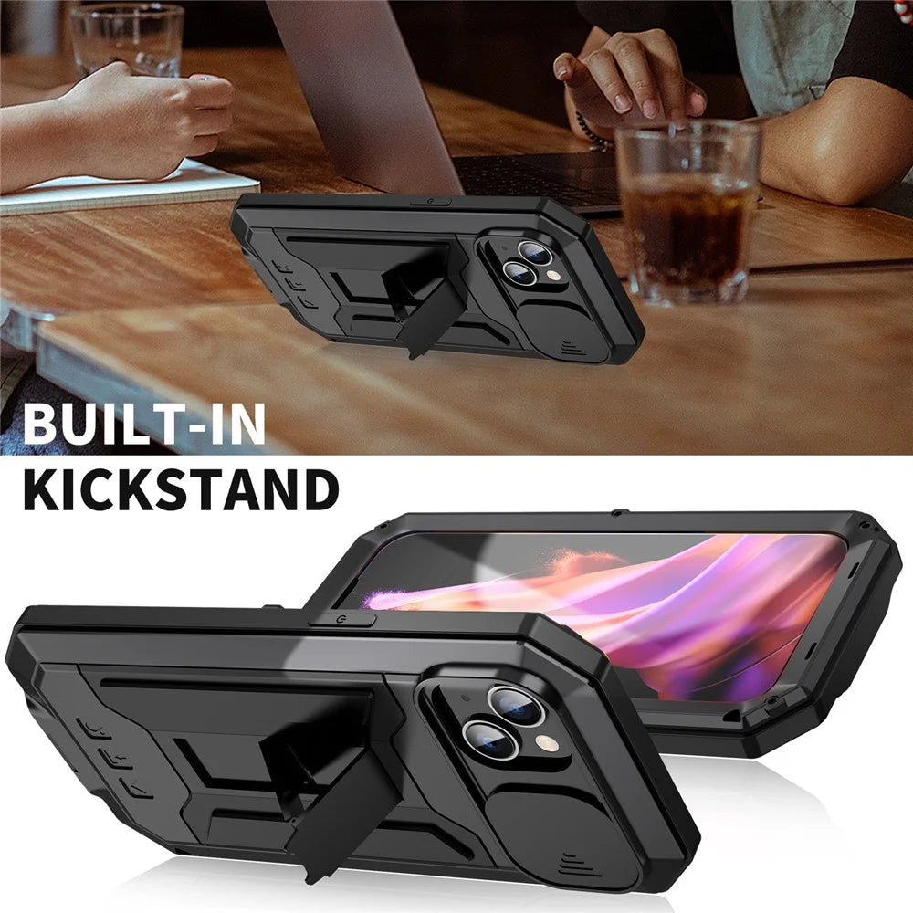 R-JUST For iPhone 15 Plus Slide Camera Lid Kickstand Case Silicone+Metal+Plastic+Tempered Glass Screen Film Anti-drop Cover - Black - 3