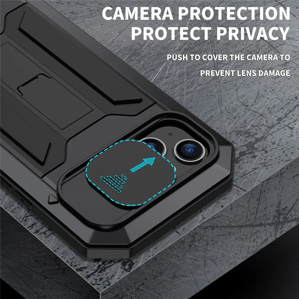 R-JUST For iPhone 15 Plus Slide Camera Lid Kickstand Case Silicone+Metal+Plastic+Tempered Glass Screen Film Anti-drop Cover - Black - 4