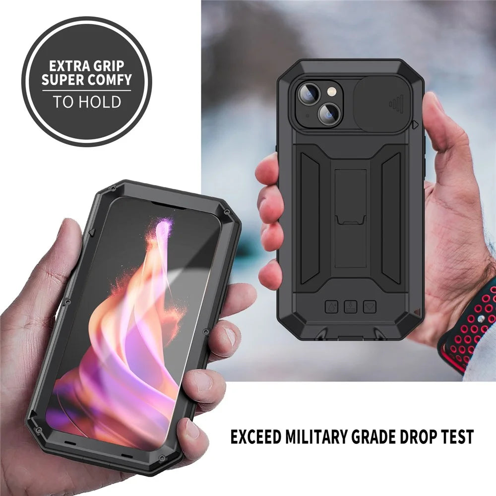 R-JUST For iPhone 15 Plus Slide Camera Lid Kickstand Case Silicone+Metal+Plastic+Tempered Glass Screen Film Anti-drop Cover - Black - 5