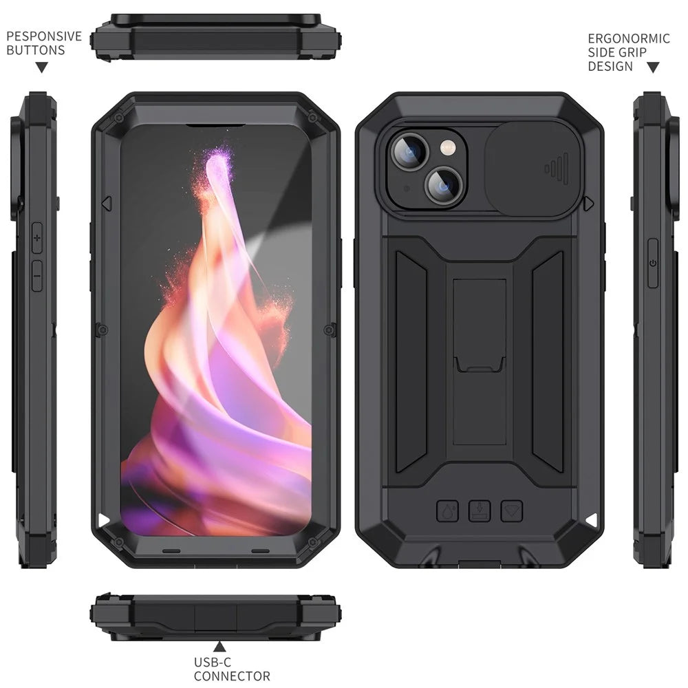 R-JUST For iPhone 15 Plus Slide Camera Lid Kickstand Case Silicone+Metal+Plastic+Tempered Glass Screen Film Anti-drop Cover - Black - 7
