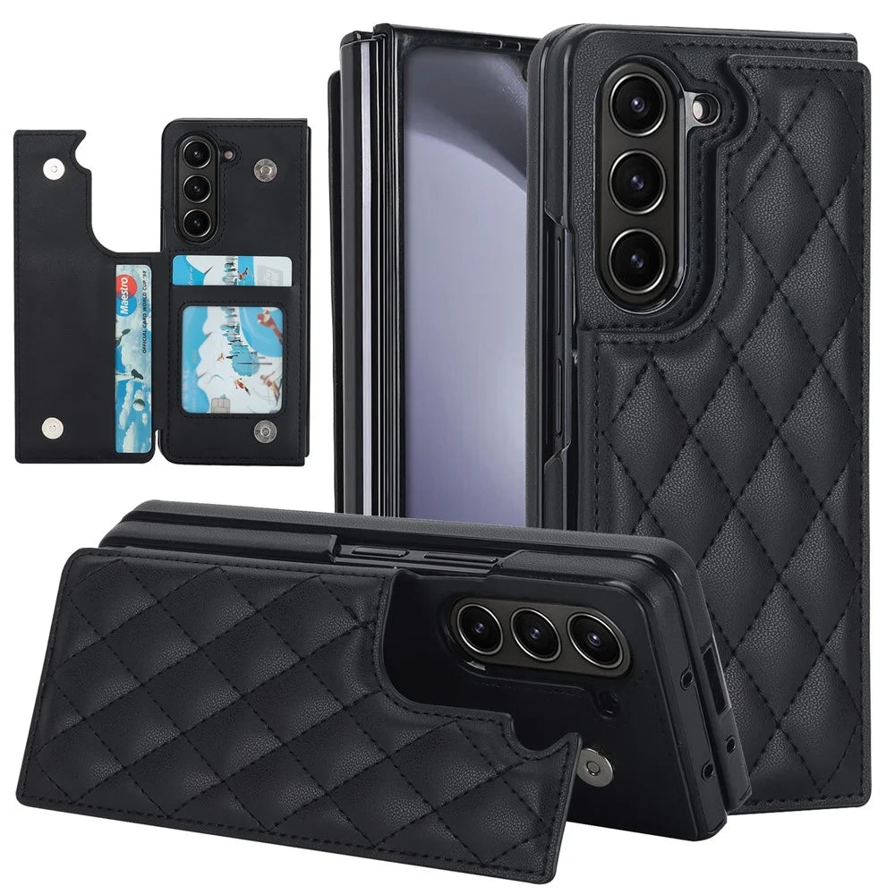 ZD020 Stitching Rhombus PU+PC Phone Case for Samsung Galaxy Z Fold5 5G Card Slots Kickstand Phone Cover - Black - 1