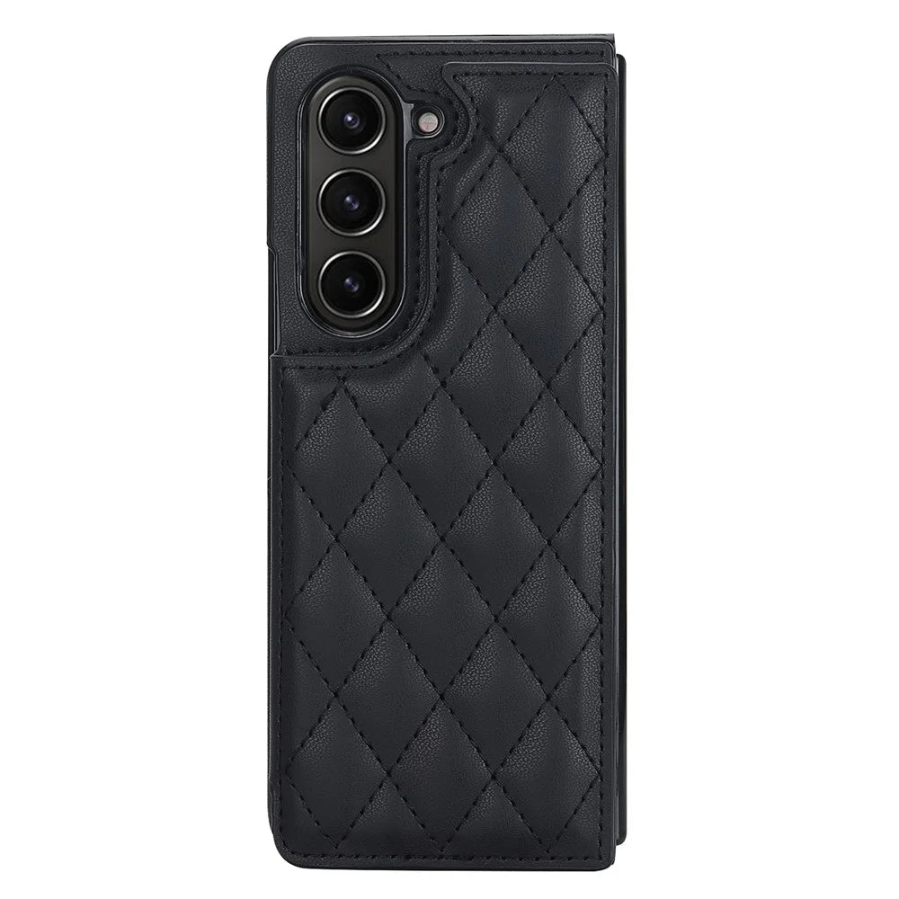 ZD020 Stitching Rhombus PU+PC Phone Case for Samsung Galaxy Z Fold5 5G Card Slots Kickstand Phone Cover - Black - 2