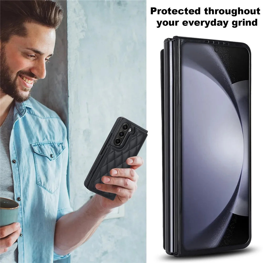 ZD020 Stitching Rhombus PU+PC Phone Case for Samsung Galaxy Z Fold5 5G Card Slots Kickstand Phone Cover - Black - 5