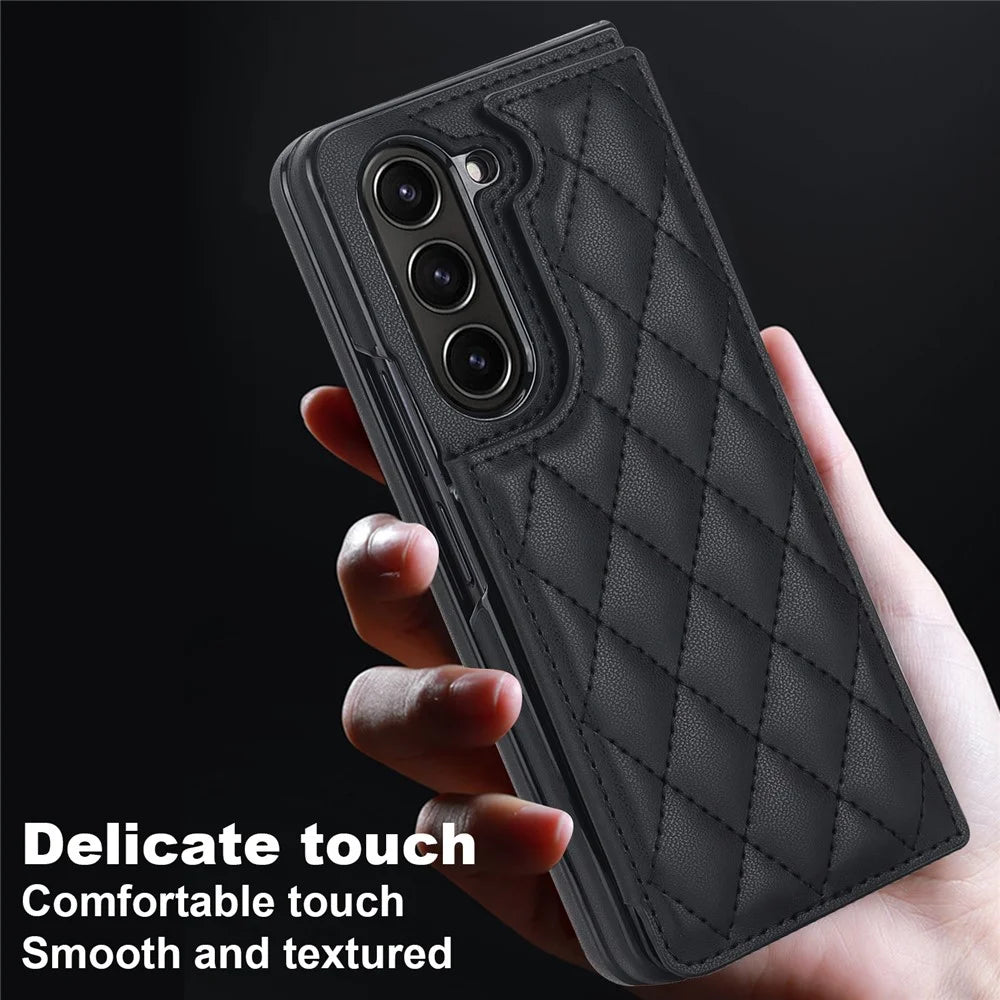 ZD020 Stitching Rhombus PU+PC Phone Case for Samsung Galaxy Z Fold5 5G Card Slots Kickstand Phone Cover - Black - 6