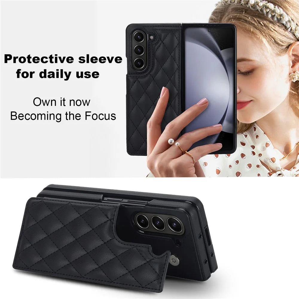ZD020 Stitching Rhombus PU+PC Phone Case for Samsung Galaxy Z Fold5 5G Card Slots Kickstand Phone Cover - Black - 7
