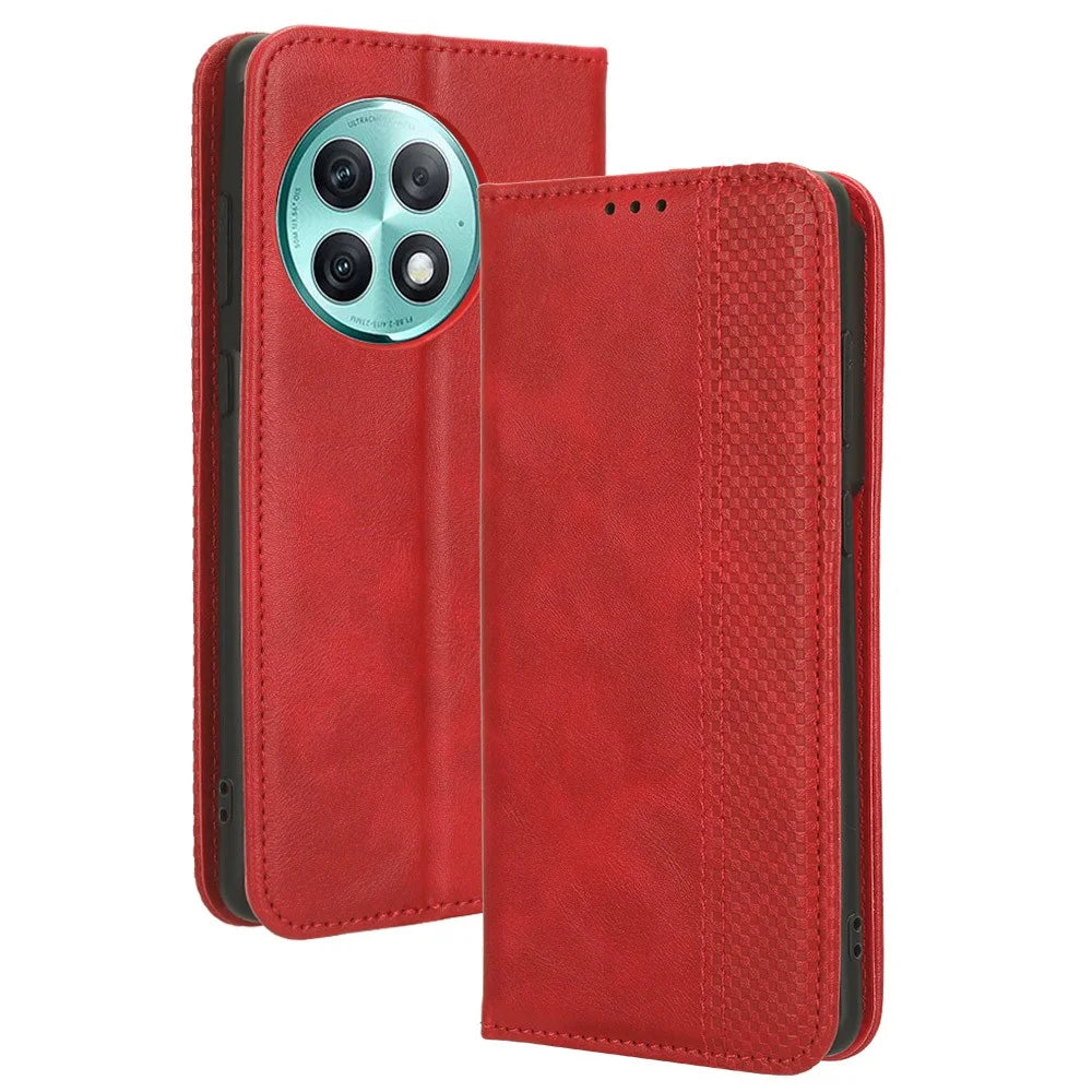 For OnePlus Ace 2 Pro 5G Retro PU Leather Case Shockproof Wallet Stand Phone Cover - Red - 1