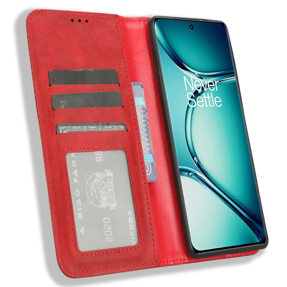 For OnePlus Ace 2 Pro 5G Retro PU Leather Case Shockproof Wallet Stand Phone Cover - Red - 2