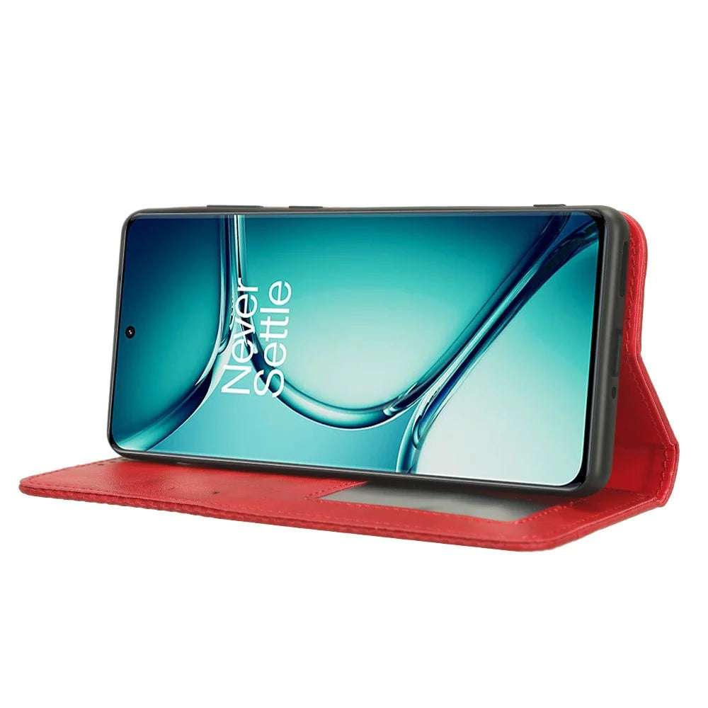 For OnePlus Ace 2 Pro 5G Retro PU Leather Case Shockproof Wallet Stand Phone Cover - Red - 3