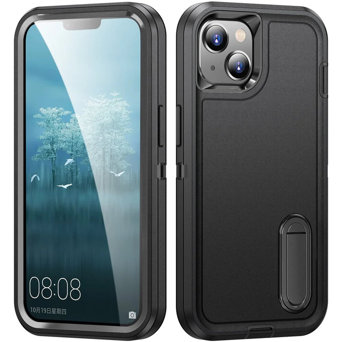For iPhone 15 Plus PC+TPU Phone Case Shockproof Anti-Drop Cell Phone Cover with Kickstand - Black - 1