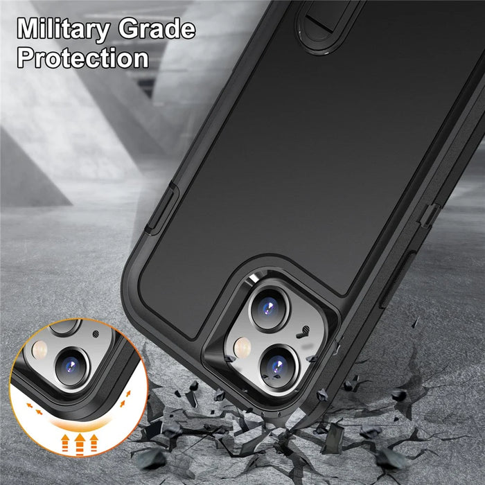 For iPhone 15 Plus PC+TPU Phone Case Shockproof Anti-Drop Cell Phone Cover with Kickstand - Black - 6