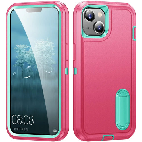 Hard PC+Soft TPU Phone Case for iPhone 15 Shockproof Case Anti-Drop Cell Phone Kickstand Cover - Rose / Cyan - 1