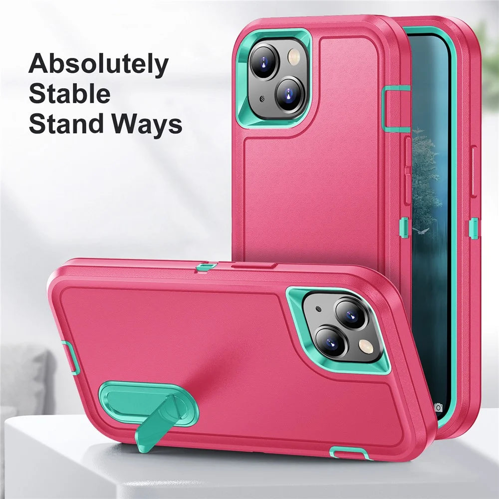 Hard PC+Soft TPU Phone Case for iPhone 15 Shockproof Case Anti-Drop Cell Phone Kickstand Cover - Rose / Cyan - 5