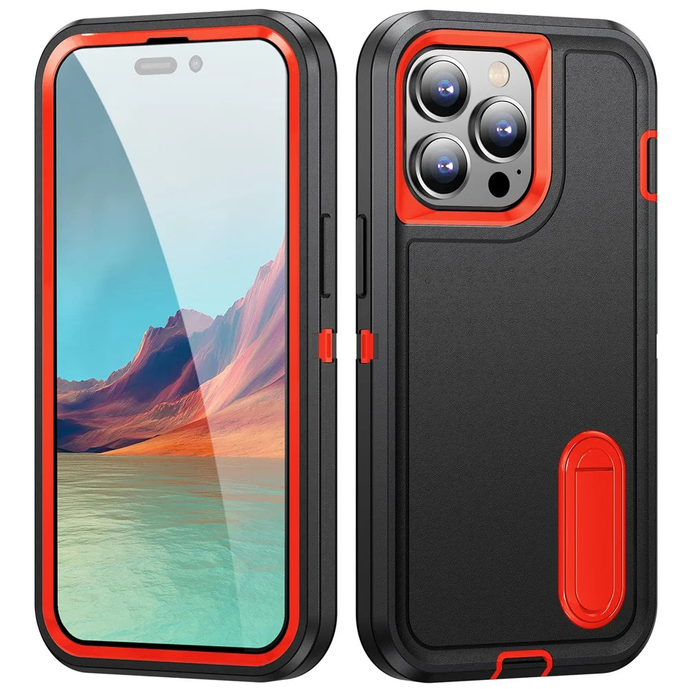 For iPhone 15 Pro Max Shockproof Phone Case Anti-Drop PC+TPU Cell Phone Cover with Kickstand - Black / Orange - 1