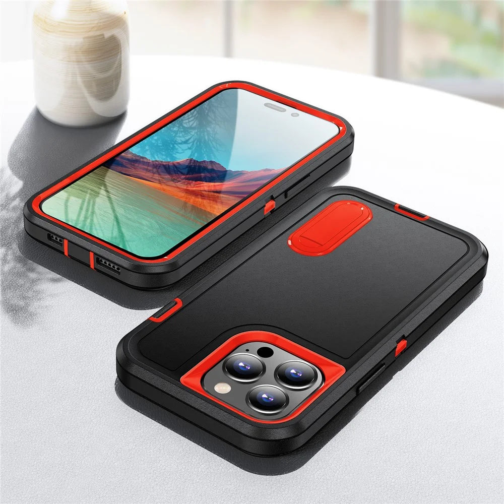 For iPhone 15 Pro Max Shockproof Phone Case Anti-Drop PC+TPU Cell Phone Cover with Kickstand - Black / Orange - 7