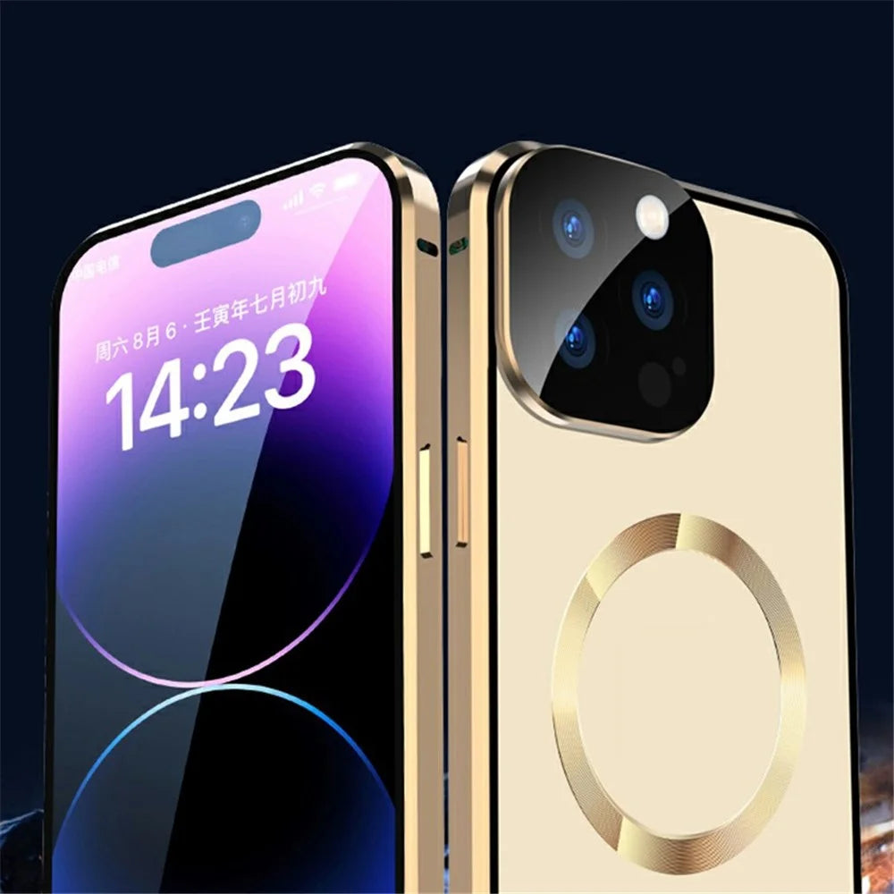 Compatible with MagSafe Case for iPhone 15 Pro Magnetic Metal Frame + Double-Sided Tempered Glass Phone Cover with Buckle Lock - Gold - 4
