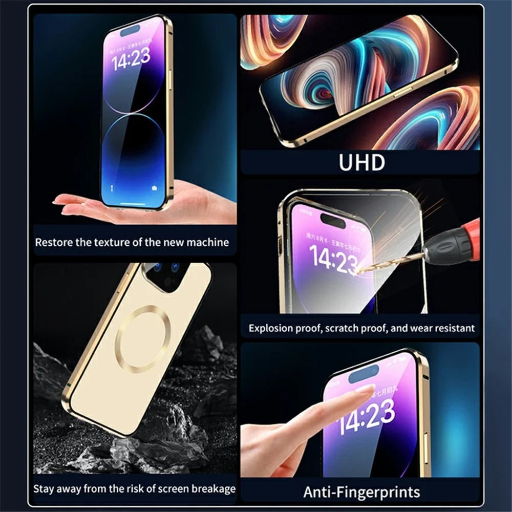 Magnetic Metal Frame + Double-Sided Tempered Glass Case for iPhone 15 Pro Max Compatible with MagSafe Phone Cover with Buckle Lock - Gold - 6