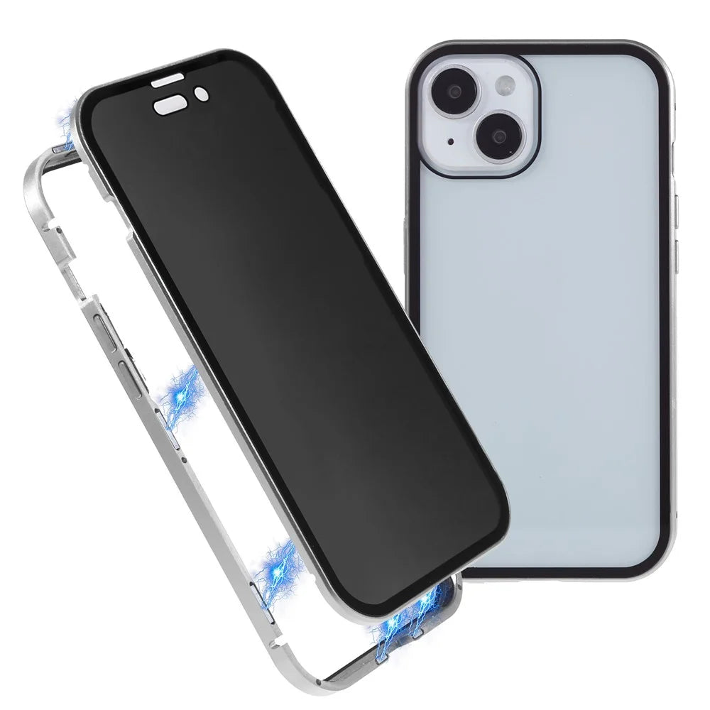 For iPhone 15 Magnetic Cover Metal Frame + Double-sided Tempered Glass Anti-peep Phone Case - Silver - 1