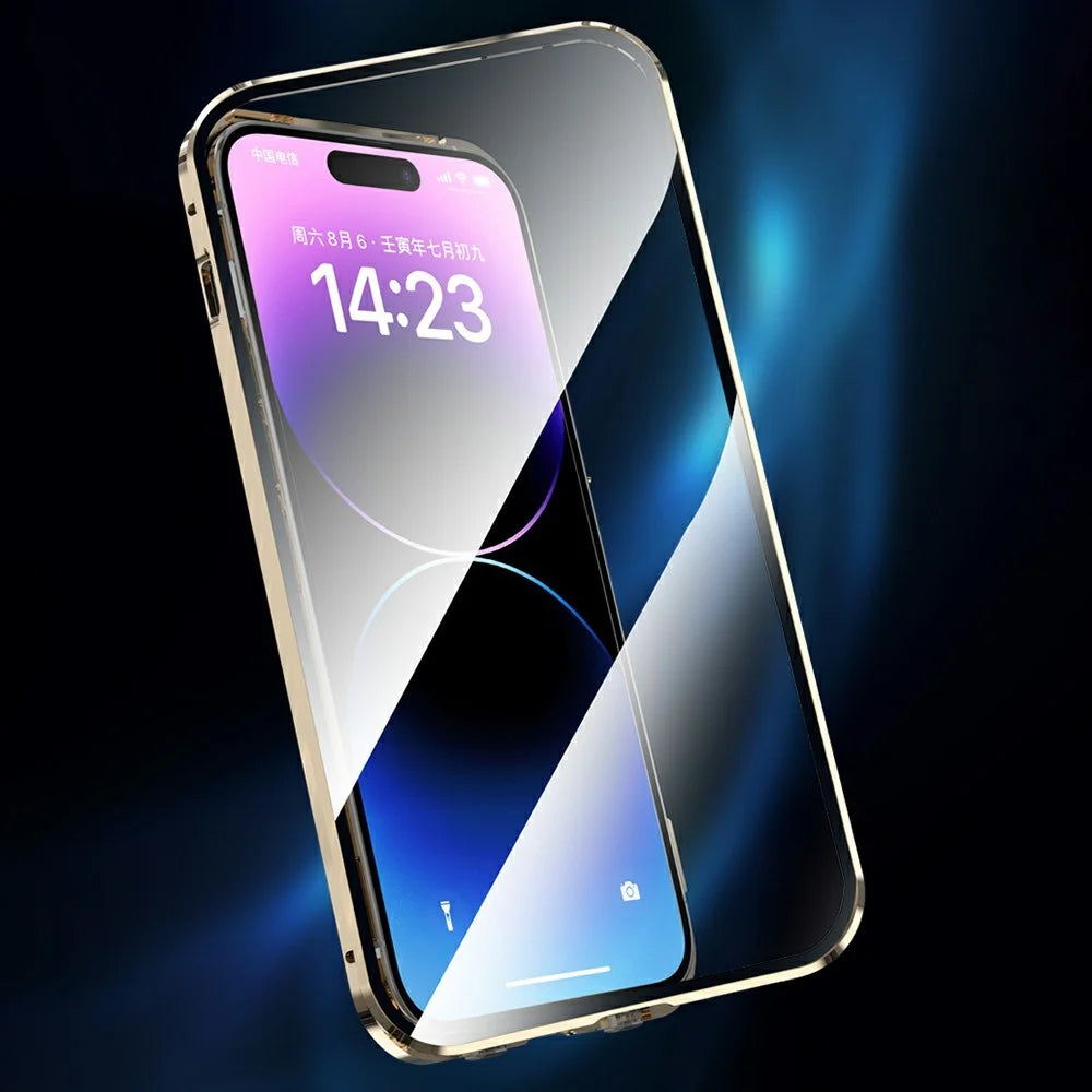 Buckle Lock Phone Cover for iPhone 15 Plus Magnetic Metal Frame + Dual-Sided Tempered Glass Case Compatible with MagSafe - Gold - 3