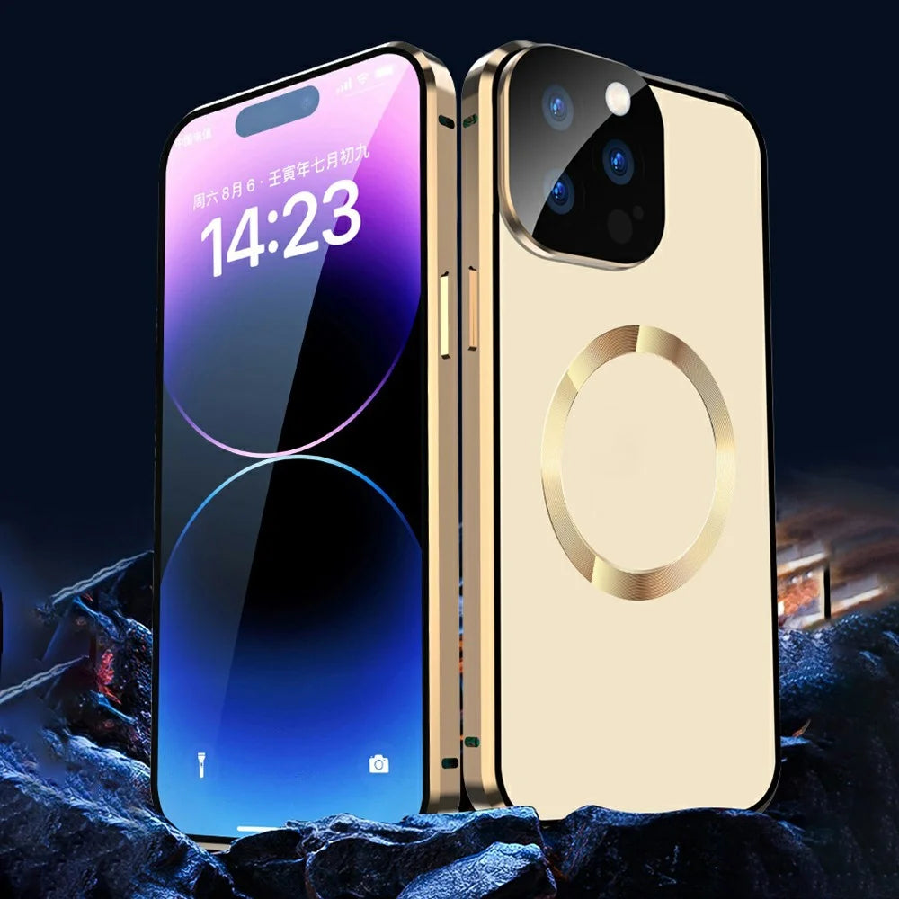 Buckle Lock Phone Cover for iPhone 15 Plus Magnetic Metal Frame + Dual-Sided Tempered Glass Case Compatible with MagSafe - Gold - 4