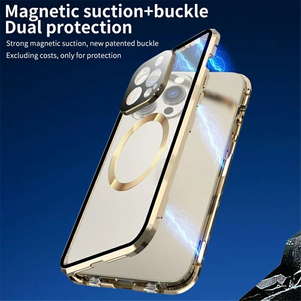 Dual-Sided Tempered Glass+Magnetic Metal Frame Anti-Drop Case for iPhone 15 Compatible with MagSafe Phone Cover with Buckle Lock - Gold - 2