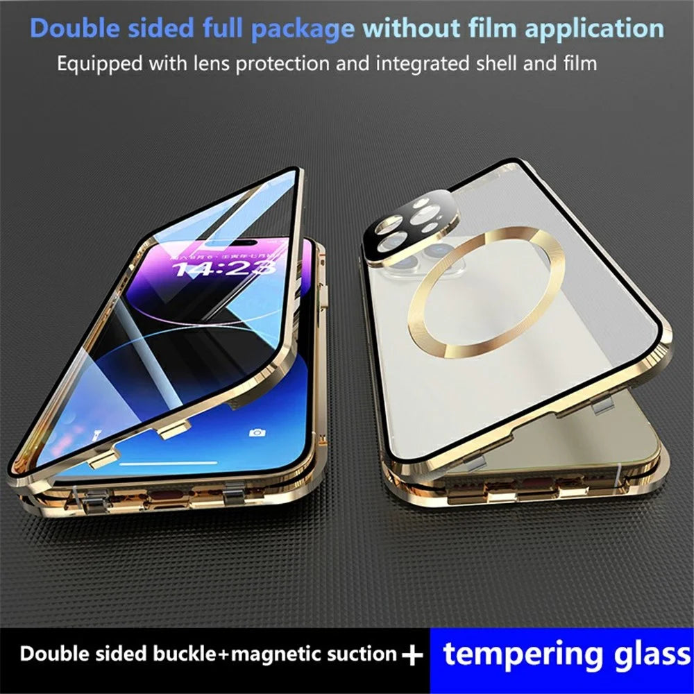 Dual-Sided Tempered Glass+Magnetic Metal Frame Anti-Drop Case for iPhone 15 Compatible with MagSafe Phone Cover with Buckle Lock - Gold - 5