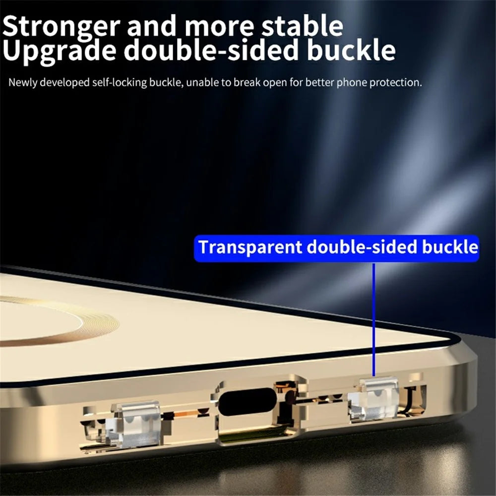 Dual-Sided Tempered Glass+Magnetic Metal Frame Anti-Drop Case for iPhone 15 Compatible with MagSafe Phone Cover with Buckle Lock - Gold - 7