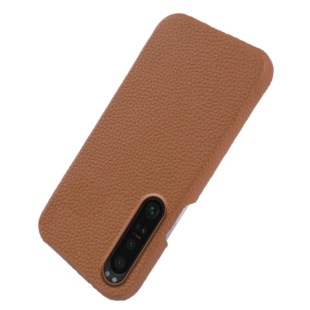 Magnetic Phone Case for Sony Xperia 1 IV 5G , Litchi Texture Genuine Cow Leather Coated PC Cover - Brown - 5