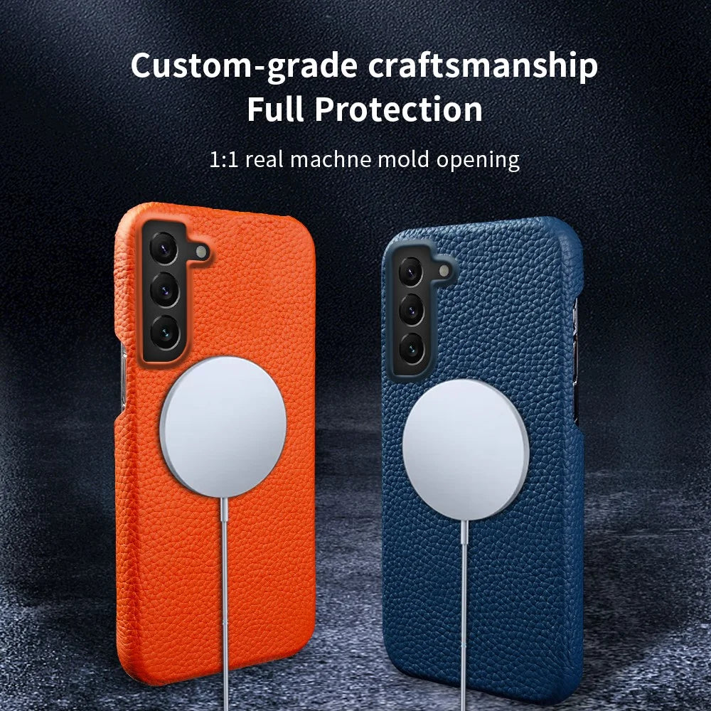 For Samsung Galaxy S22 5G Litchi Texture Magnetic Phone Case Anti-scratch Genuine Cow Leather+PC Cover - Orange - 4