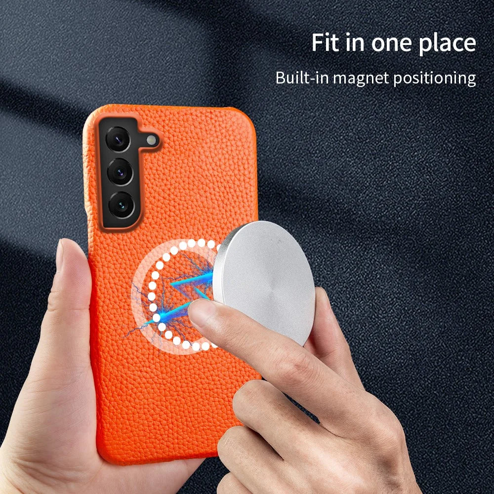 For Samsung Galaxy S22 5G Litchi Texture Magnetic Phone Case Anti-scratch Genuine Cow Leather+PC Cover - Orange - 5