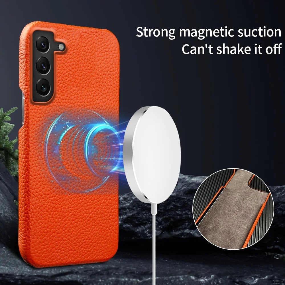 For Samsung Galaxy S22 5G Litchi Texture Magnetic Phone Case Anti-scratch Genuine Cow Leather+PC Cover - Orange - 7