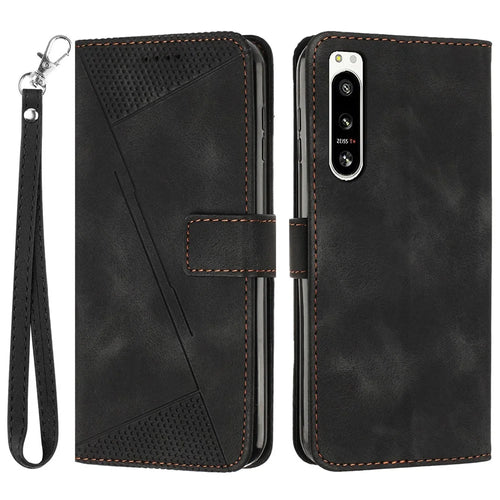 Shockproof PU Leather Case for Sony Xperia 5 IV 5G , Triangle Imprinted Phone Cover Stand Shell Wallet - Black - 1