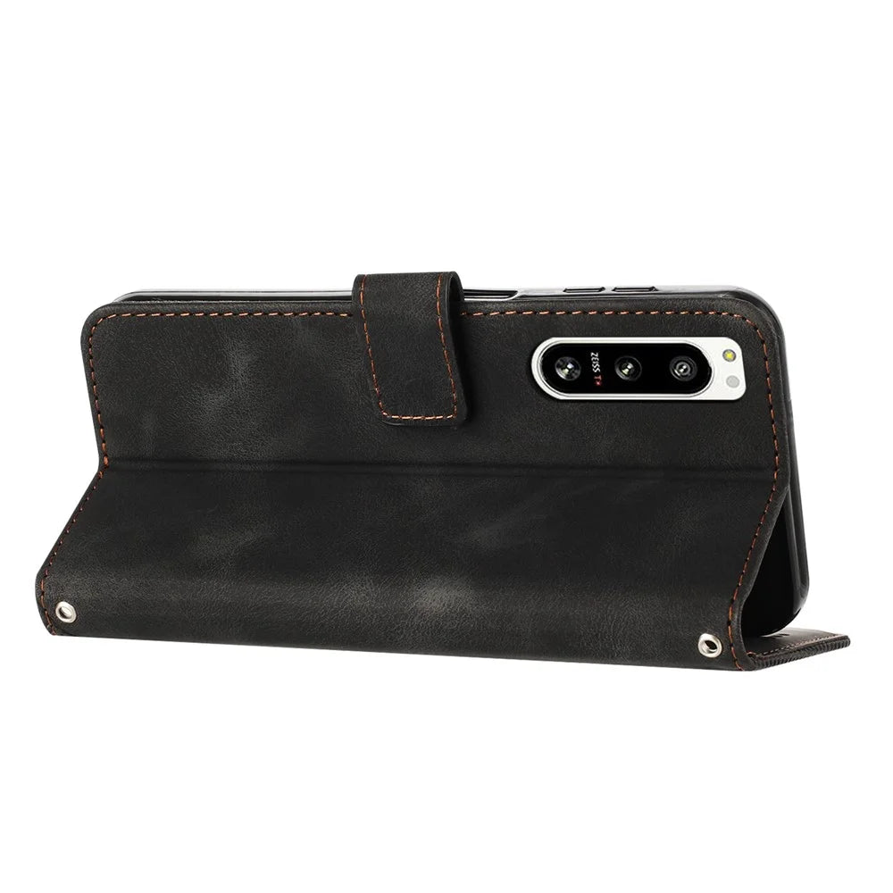Shockproof PU Leather Case for Sony Xperia 5 IV 5G , Triangle Imprinted Phone Cover Stand Shell Wallet - Black - 2