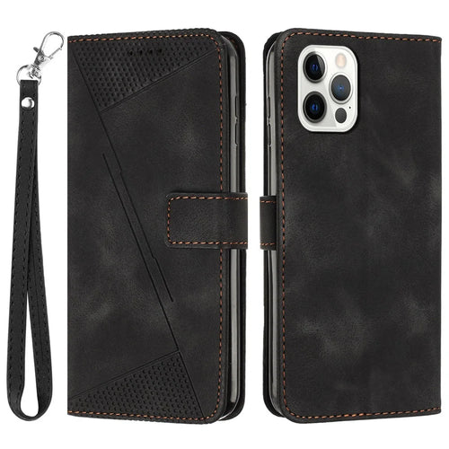 Wallet Phone Cover for iPhone 14 Pro Max , Triangle Imprinted Leather Stand Case - Black - 1