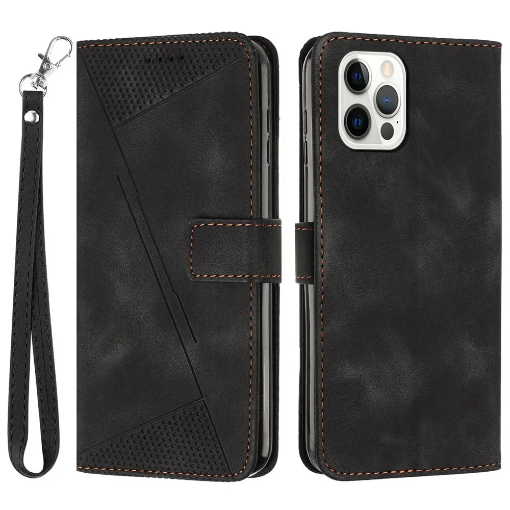 Wallet Phone Cover for iPhone 14 Pro Max , Triangle Imprinted Leather Stand Case - Black - 1