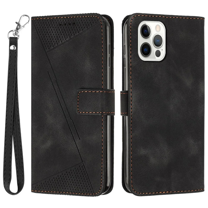 Wallet Phone Cover for iPhone 14 Pro Max , Triangle Imprinted Leather Stand Case - Black - 1