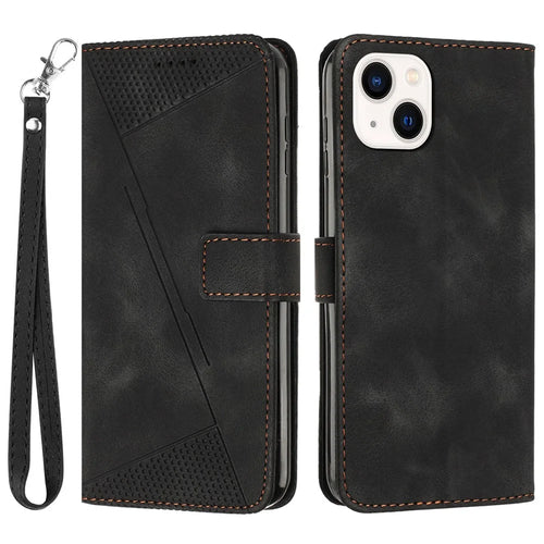 Wallet Stand Leather Case for iPhone 14 / 13 , Triangle Imprinted Protective Phone Cover - Black - 1