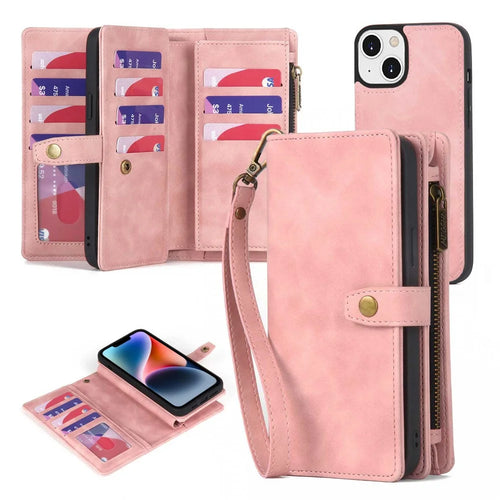 MEGSHI H1 Series For iPhone 15 Detachable 2-in-1 Wallet Case PU Leather+PC+TPU Phone Cover with Wrist Strap - Pink - 1