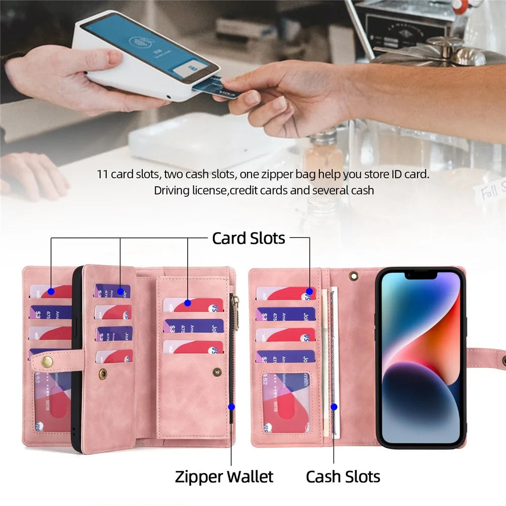 MEGSHI H1 Series For iPhone 15 Detachable 2-in-1 Wallet Case PU Leather+PC+TPU Phone Cover with Wrist Strap - Pink - 2