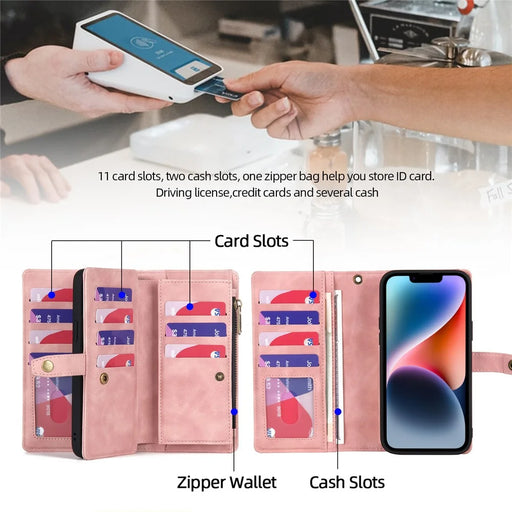 MEGSHI H1 Series For iPhone 15 Detachable 2-in-1 Wallet Case PU Leather+PC+TPU Phone Cover with Wrist Strap - Pink - 2