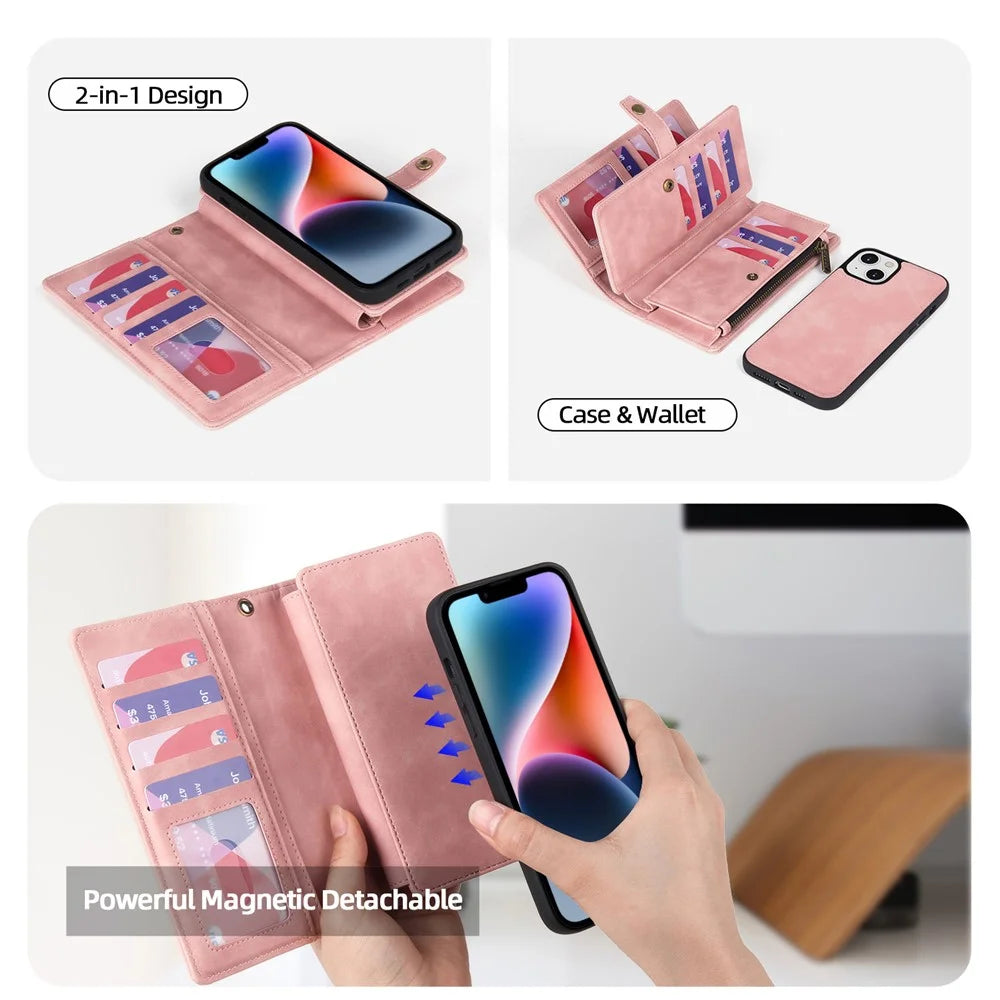 MEGSHI H1 Series For iPhone 15 Detachable 2-in-1 Wallet Case PU Leather+PC+TPU Phone Cover with Wrist Strap - Pink - 3