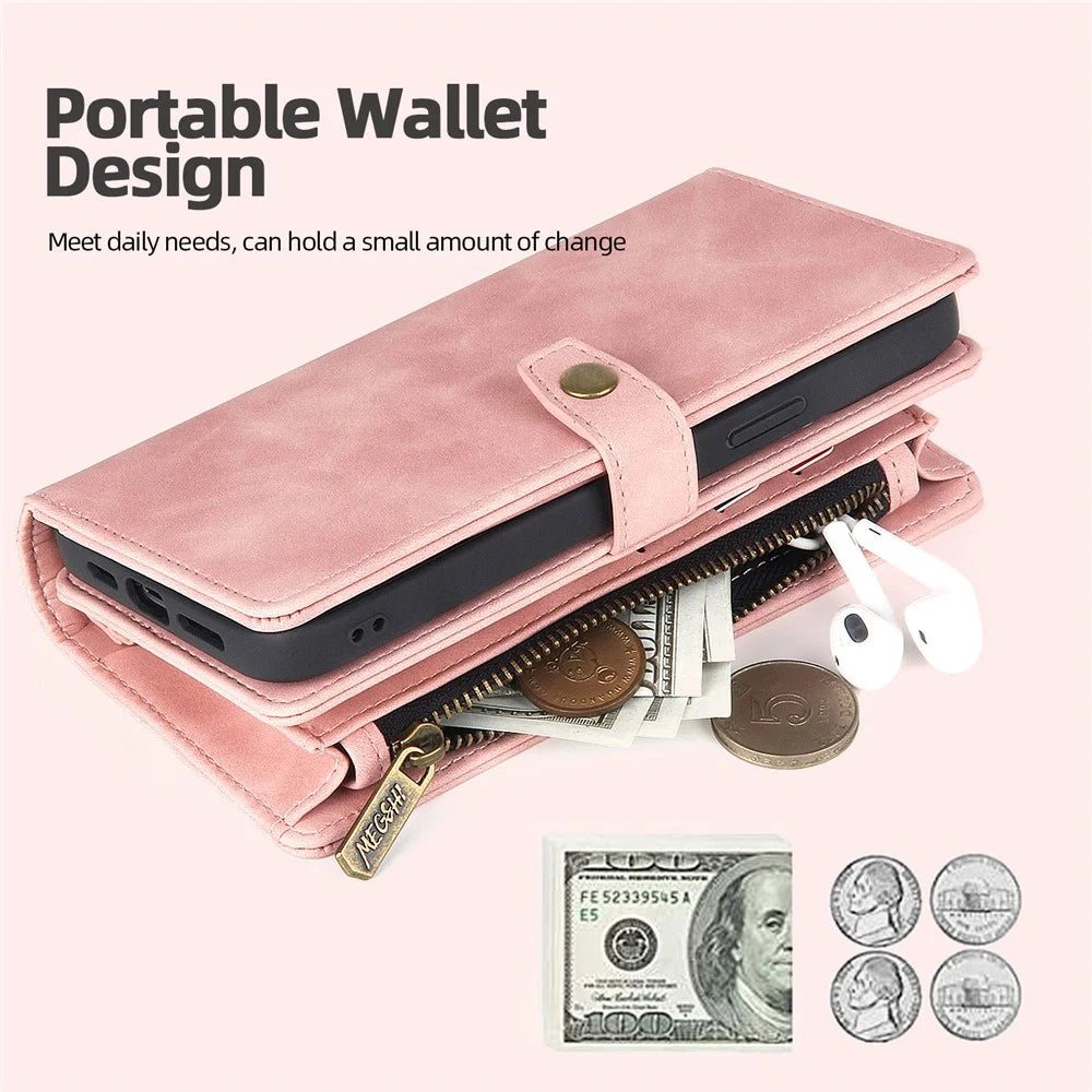 MEGSHI H1 Series For iPhone 15 Detachable 2-in-1 Wallet Case PU Leather+PC+TPU Phone Cover with Wrist Strap - Pink - 4