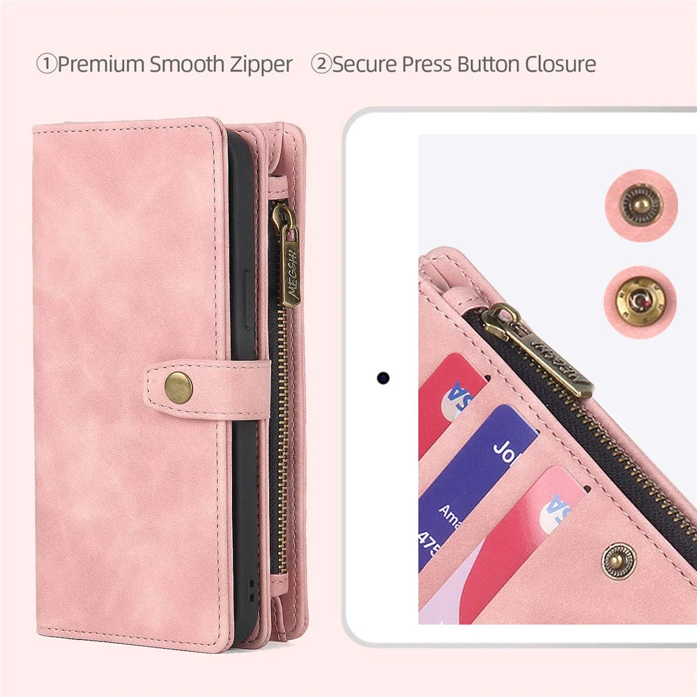 MEGSHI H1 Series For iPhone 15 Detachable 2-in-1 Wallet Case PU Leather+PC+TPU Phone Cover with Wrist Strap - Pink - 5