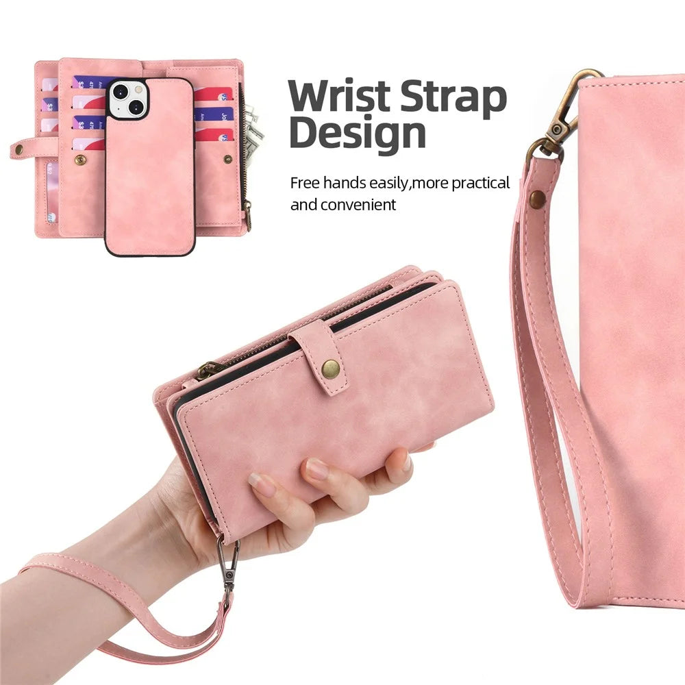 MEGSHI H1 Series For iPhone 15 Detachable 2-in-1 Wallet Case PU Leather+PC+TPU Phone Cover with Wrist Strap - Pink - 6
