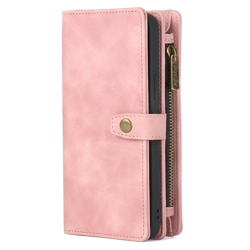 MEGSHI H1 Series For iPhone 15 Detachable 2-in-1 Wallet Case PU Leather+PC+TPU Phone Cover with Wrist Strap - Pink - 7