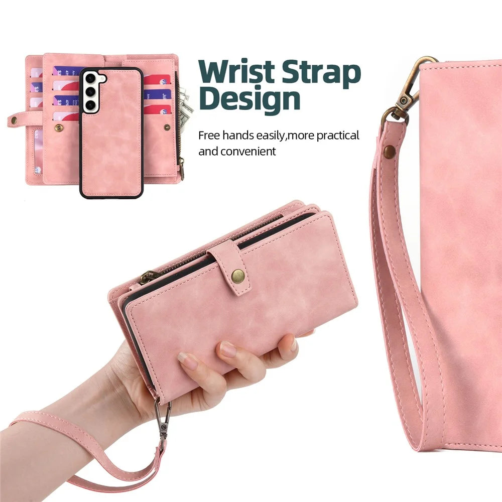 MEGSHI H1 Series For Samsung Galaxy S23+ Detachable 2-in-1 Wallet Leather Case Anti-fall Phone Cover with Wrist Strap - Pink - 5